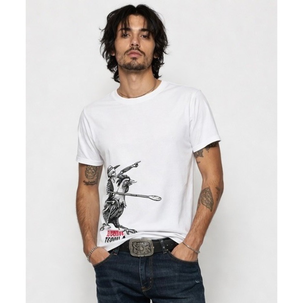 Mens Tee Espolon Tequila Graphic T-Shirt White Skeleton Rooster Wrap Print / XL